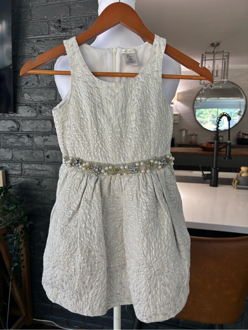 Girls Silver Metallic Floral Embroidered Dress